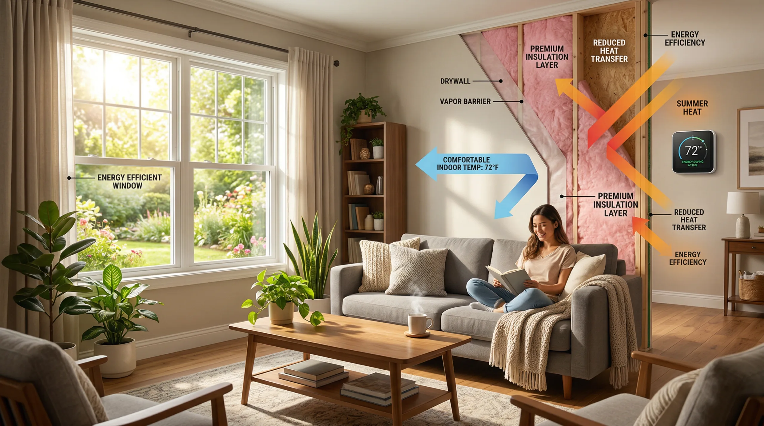 diagram showing how energy efficient windows reduce heat transfer and maintain comfortable indoor temperature