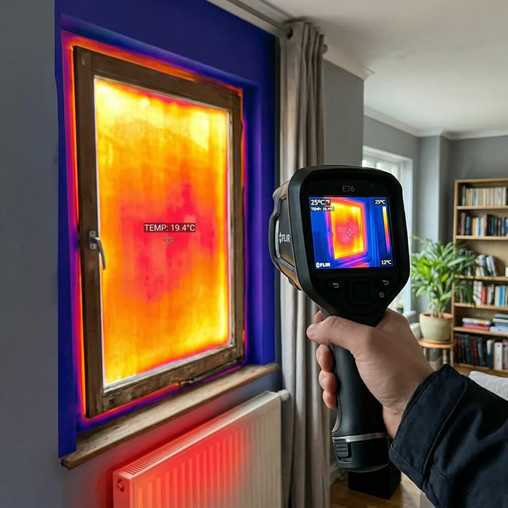 thermal camera showing heat loss through an old window before replacement