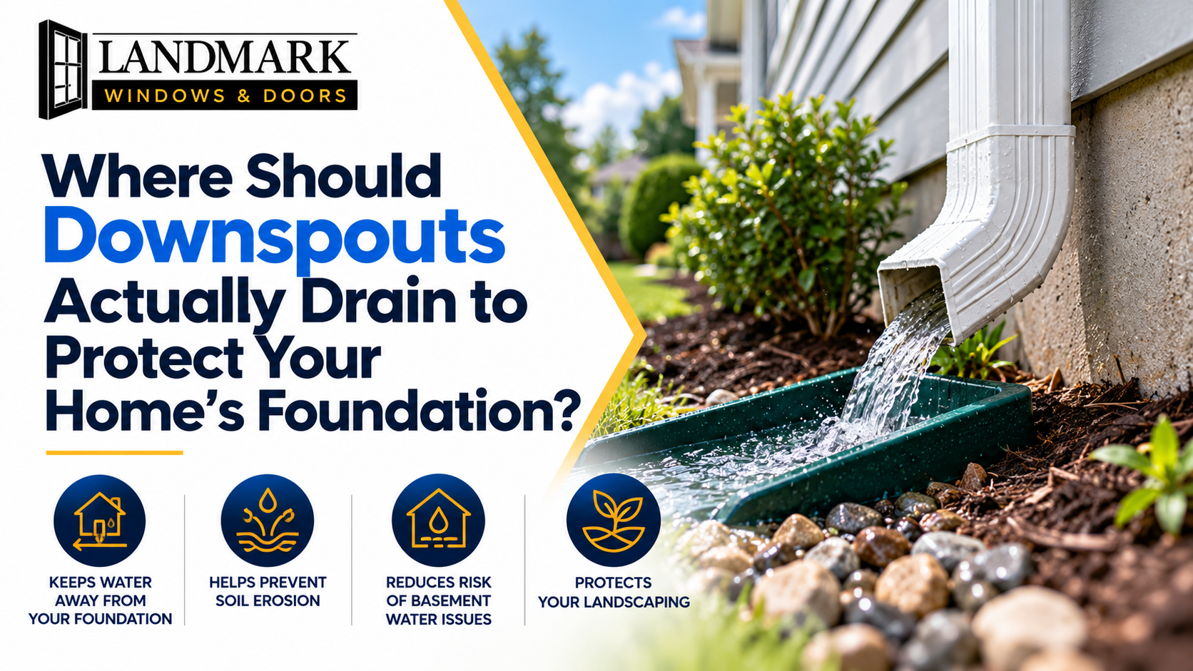 Gutter downspout directing rainwater away from a home's foundation